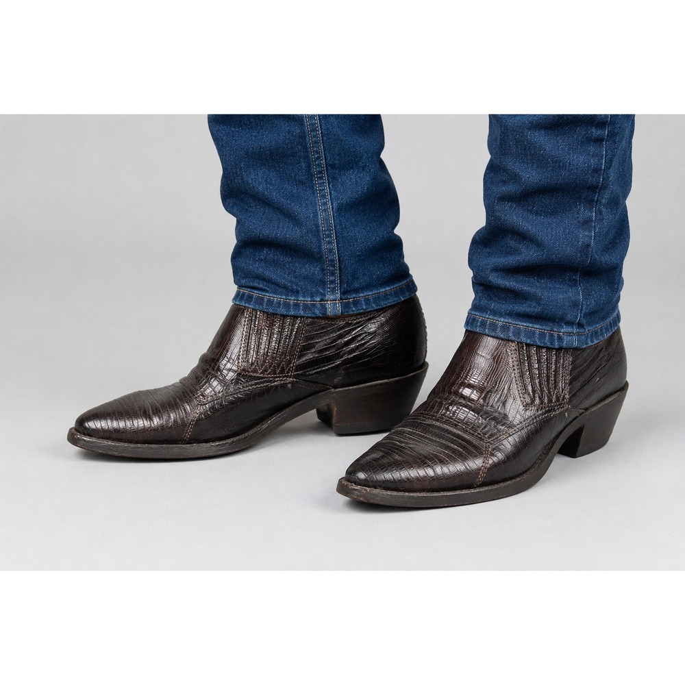 Nocona Men's Brown Lizard Leather Western Slip-On Cowboy Boots Size 8.5D Vintage
